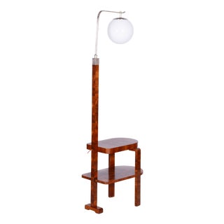 Art Deco Floor Lamp in Walnut with Chrome-Plated Steel and Glass, Czechia, 1930s For Sale