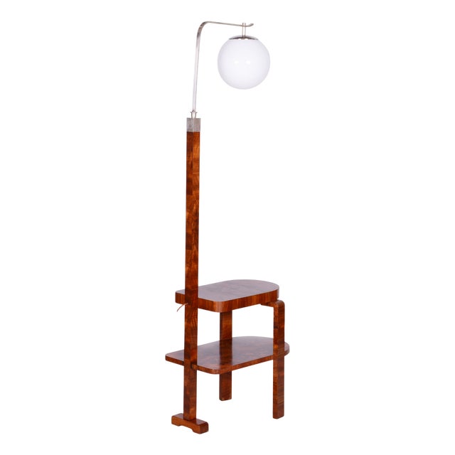 Art Deco Floor Lamp in Walnut with Chrome-Plated Steel and Glass, Czechia, 1930s For Sale