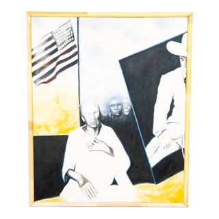 1980s Mid Century Modern Painting Cowboy America Form Abstract Signed Large 38x46 Flag - Signed by "Bradley". For Sale