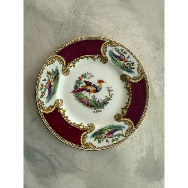 1920s Antique Myott Chelsea Bird Bread Plates – 6 3/8-Inch Staffordshire England Porcelain With Burgundy and Gilt Decoration - Set of Eleven (11) For Sale - Image 5 of 12
