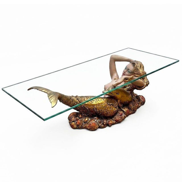 Mid-Century Modern Mid-Century Sculptural Gold Nude Mermaid & Dolphin Coffee Table W/ Glass Top For Sale - Image 3 of 11