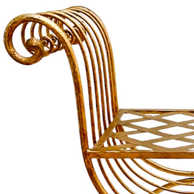 1960 Italian Hollywood Regency Gilt Wrought Iron Curule Vanity Bench For Sale In San Diego - Image 6 of 8
