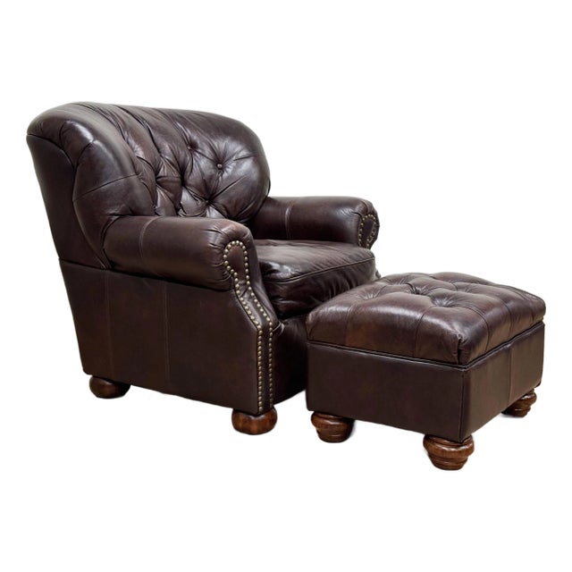 Vintage Tufted Leather Writers Chair With Ottoman For Sale