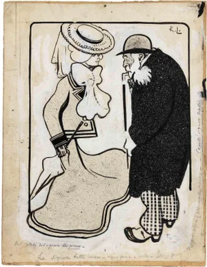 Gabriele Galantara, The Gentleman and the Lady, China Ink and White Lead Drawing, Early 20th Century