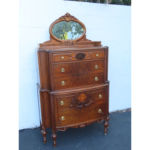 Early 1900s Jacobean Carved Inlay Tall Chest of Drawers With Mirror 6610 For Sale - Image 10 of 12