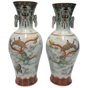 Black and White Art Deco Japanese Kutani Porcelain Vases, Pair