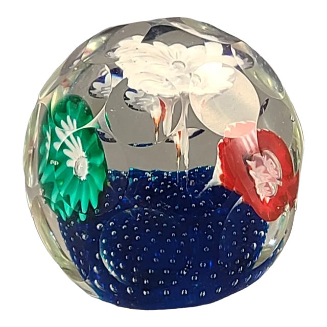 Vintage Attributed Murano Art Glass Paperweight Cut Faceted Colorful Floral For Sale