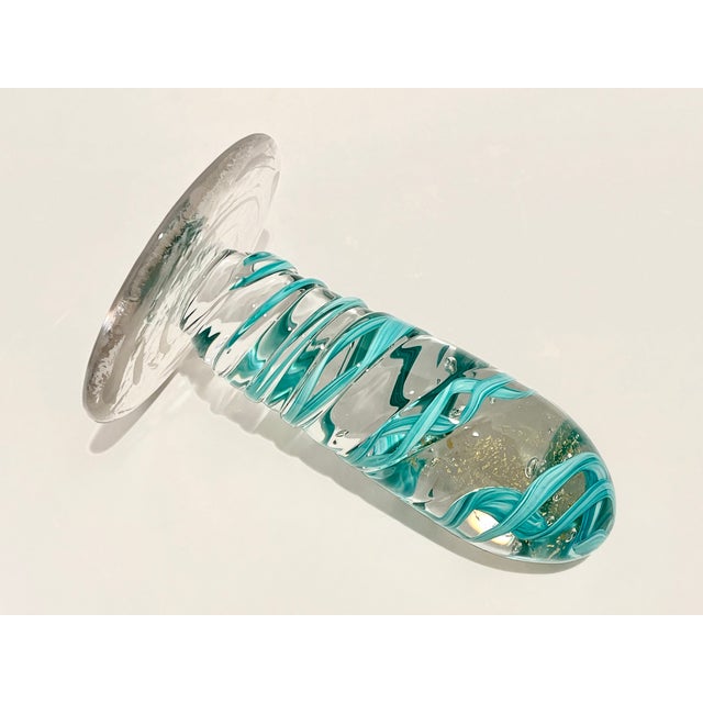 Signed Stephen Rich Nelson Studio Art Glass Sculpture 1990 Turquoise Ribbon Aventurine Bubble Glass Paperweight 10.5” For Sale In Detroit - Image 6 of 10