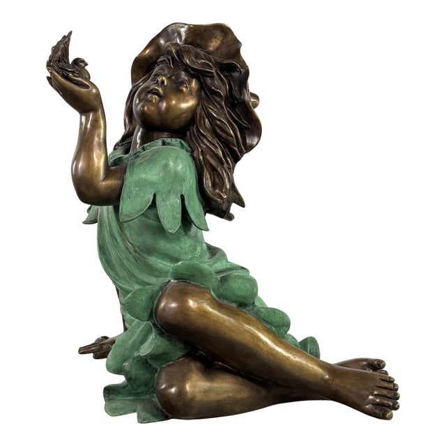 Bronze Garden Girl With Bird Sculpture – Verdigris Dress, 25” H Outdoor Statue For Sale