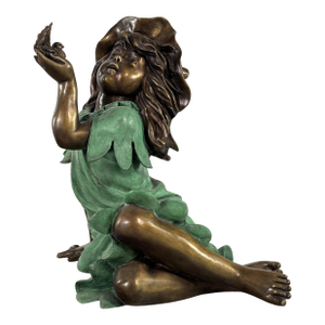 Bronze Garden Girl With Bird Sculpture – Verdigris Dress, 25” H Outdoor Statue