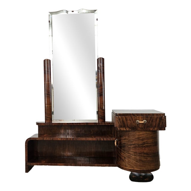 Art Deco Dressing Table in Walnut Burl with Mirror, 1940s For Sale