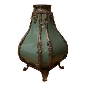 Vintage Emerald Crackled Porcelain Footed Vase/Amphora Urn With Bronze Mount