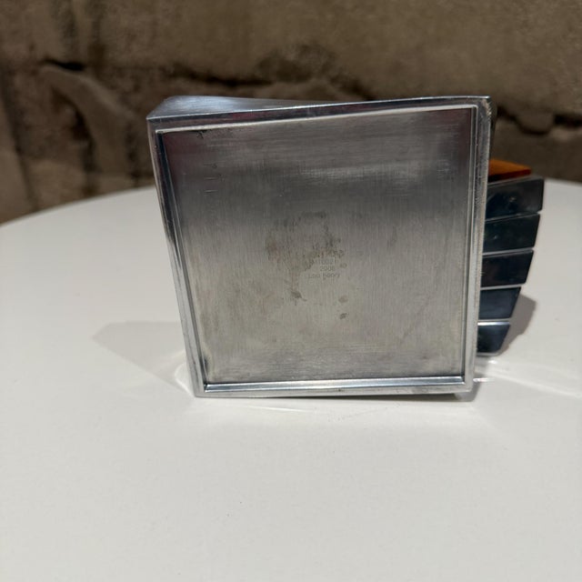 Silver Nambé Twist Coaster Set Lou Henry Acasia Wood Aluminum Post Modern For Sale - Image 8 of 9