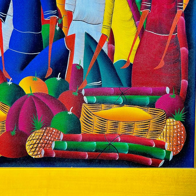 2000 - 2009 Signed Haitian Market Scene Folk Art Painting in Yellow Frame, 26" For Sale - Image 5 of 11