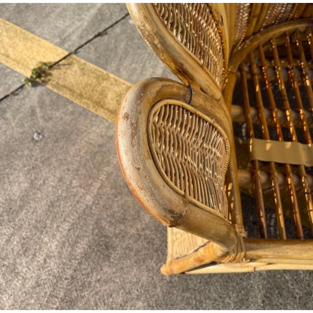 1970s Rattan Woven Wicker Peacock Fan Back Lounge Chair For Sale - Image 9 of 12