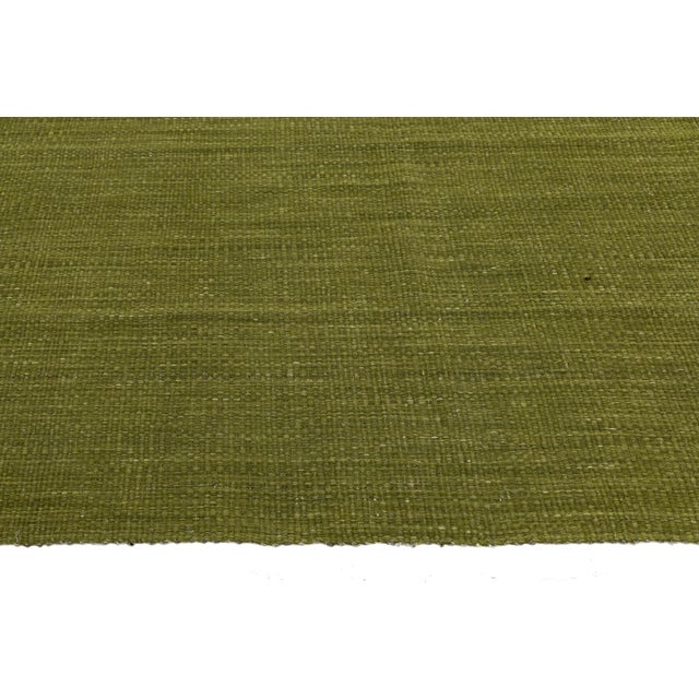 Olive Modern Solid Olive Green Kilim Area Rug – Handmade Flatweave Wool 10x16 For Sale - Image 8 of 11