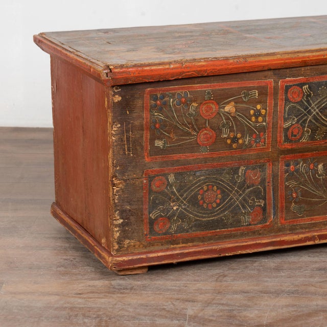 19th Century Hungarian Flat Top Original Hand Painted Pine Trunk For Sale - Image 11 of 15