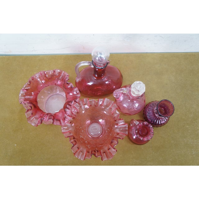 Glass Late 20th Century Cranberry Art Glass Ruffled Pitchers Decanters Vase Bowl Compote Fenton - Set of 6 For Sale - Image 7 of 18