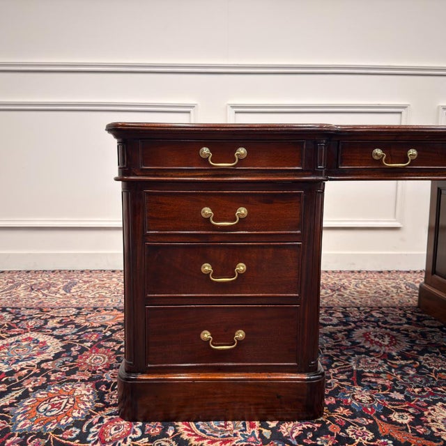 English Partner Desk with Green Leather Top For Sale - Image 9 of 18