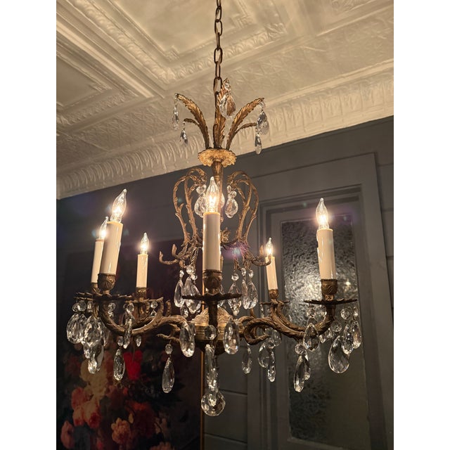 Brass Vintage Brass Chandelier Ornate Eight Lights With Crystals For Sale - Image 8 of 8