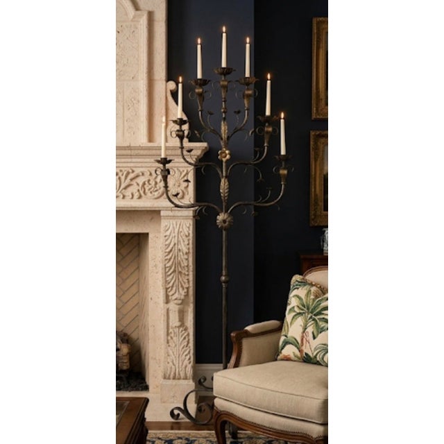 Metal 64-Inch Spanish Revival Wrought Iron Nine-Light Tree Form Floor Candelabra For Sale - Image 7 of 12