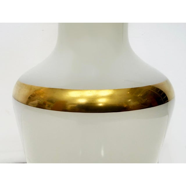 Large Itallian Mid-Century Opaline Glass Vase with Gilt Accents Offered for sale is a 1950s to 1960s Italian blown glass...