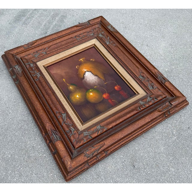 Mid 20th Century Vintage Mexican Hand-Carved Wood Frame With Signed Original Still Life Oil Painting For Sale - Image 5 of 8