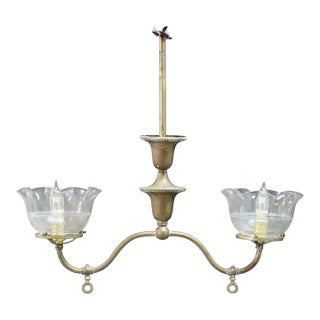 Brass 2-Arm Electrified Gas Chandelier With Pressed Glass Shades C1890 For Sale