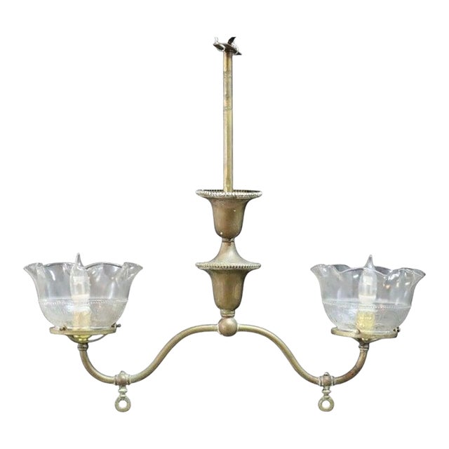 Brass 2-Arm Electrified Gas Chandelier With Pressed Glass Shades C1890 For Sale