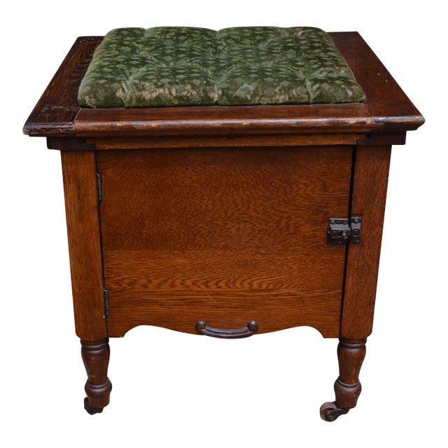 Antique English Oak Wood Commode Potty Chamber Pot Cupboard W/ Cushioned Top For Sale