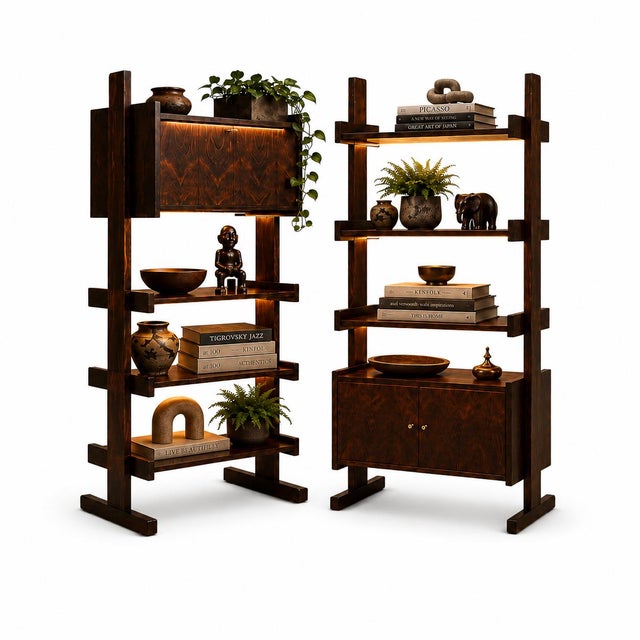 A striking and highly versatile pair of Brazilian Modern adjustable bookshelves crafted during the 1960s. Architecturally...