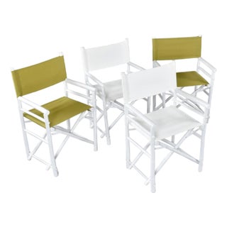 Set of 4 Vintage White Rattan Bamboo Canvas Sling Folding Directors Chairs For Sale