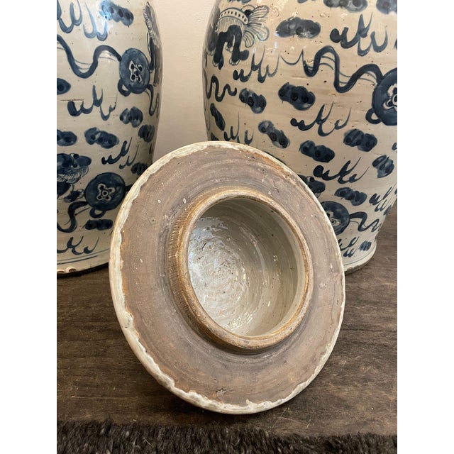 Early 20th C. Antique Blue & White Chinoiserie Lidded Temple Jars- A Pair For Sale - Image 10 of 18