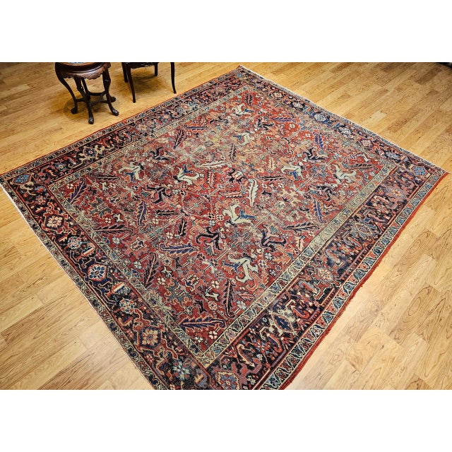 Persian Antique Persian Heriz Serapi Rug, Hand-Knotted Wool, All-Over Geometric Pattern, Brick & Navy, 8x9 For Sale - Image 3 of 15