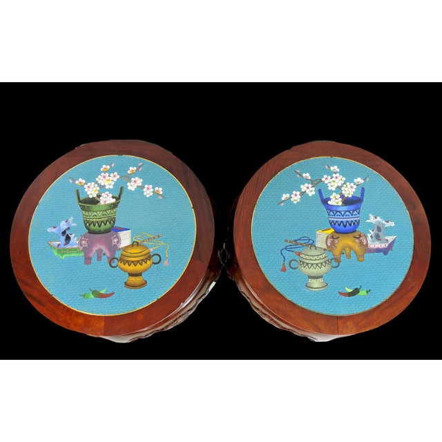 Fine Chinese Carved Rosewood and Cloisonné Stools, Side Tables, Pedestals With Flowers, Bats & Scholarly Objects, a Pair For Sale In Tampa - Image 6 of 15