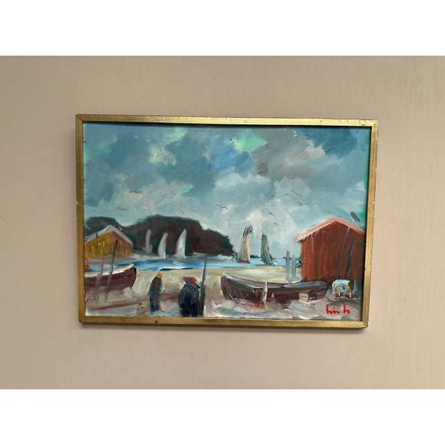 Original Vintage Oil on Canvas – “Coastal Village” by Eric Lo – Signed – Vintage & Framed – 68 × 49 cm (26.8" × 19.3")...
