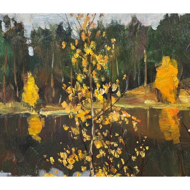 Boris Lavrenko, Black Lake Landscape with a Lake in the Middle of a Forest, 1978, Oil on Canvas For Sale - Image 6 of 7
