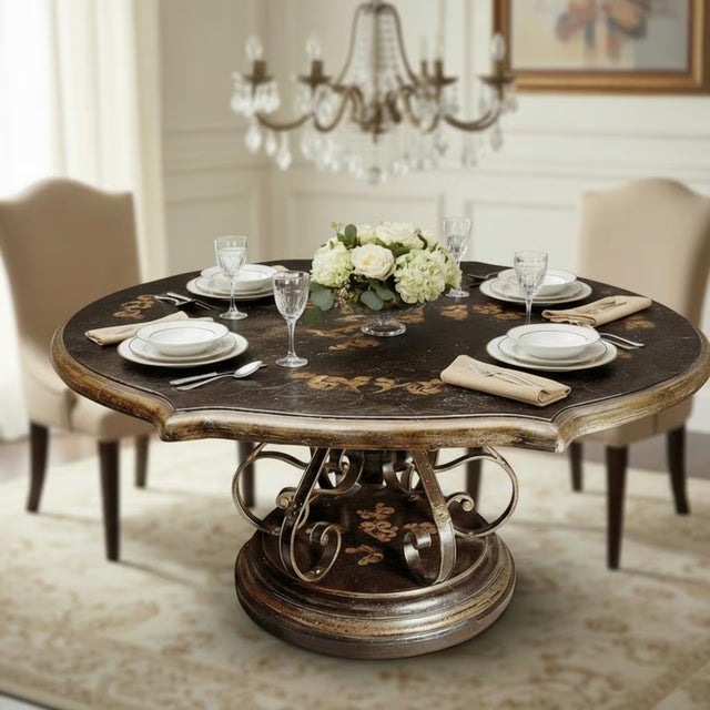 Dimensions: 66" W x 66" D x 30" H Make a statement with this one-of-a-kind 66" round scalloped top dining table, blending...