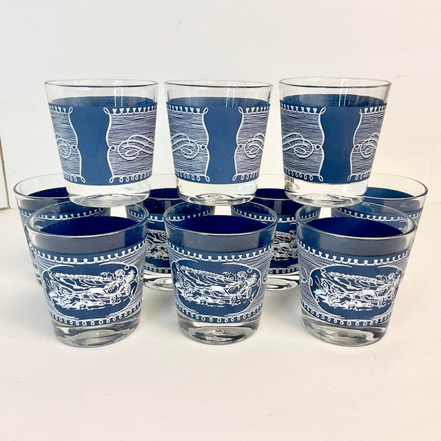 Cornflower Blue Mid-Century Americana Currier & Ives French Blue Old Fashion Lowballs Glasses - Set of 10. For Sale - Image 8 of 10