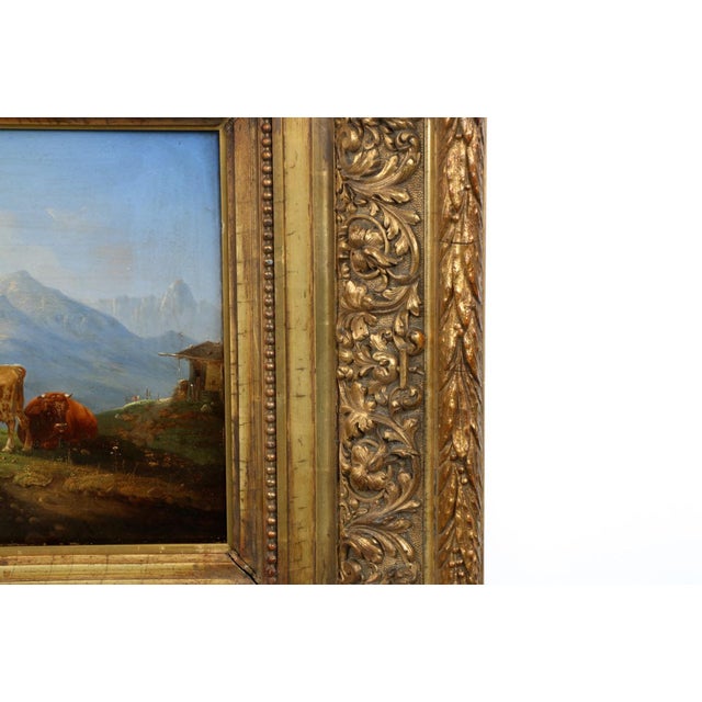 Paint German School Alpine Landscape With Hiker and Livestock, 19th Century For Sale - Image 7 of 14