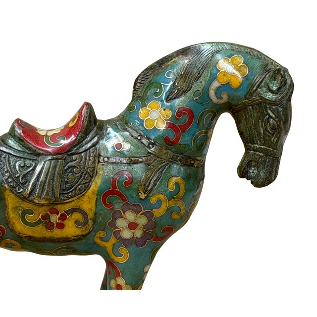 Vintage Chinese Turquoise Blue Flower Cloisonné Enamel Horse Statue For Sale - Image 9 of 12