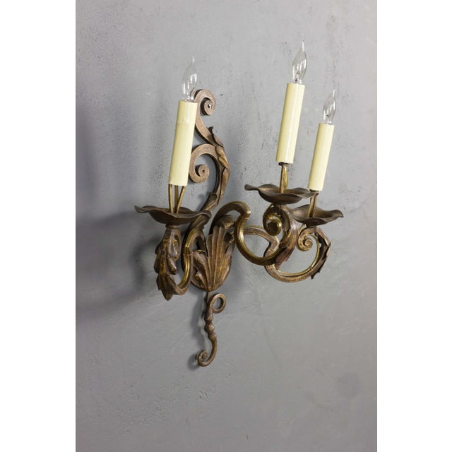 Pair of French Gilt Wrought Iron Three-Arm Wall Sconces, Louis XV Style, 1920s For Sale - Image 4 of 9