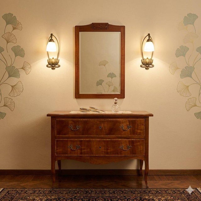 Louis XVI-style cherry chest of drawers with alternating maple and mahogany trim. Two-drawer front, curved apron and legs,...