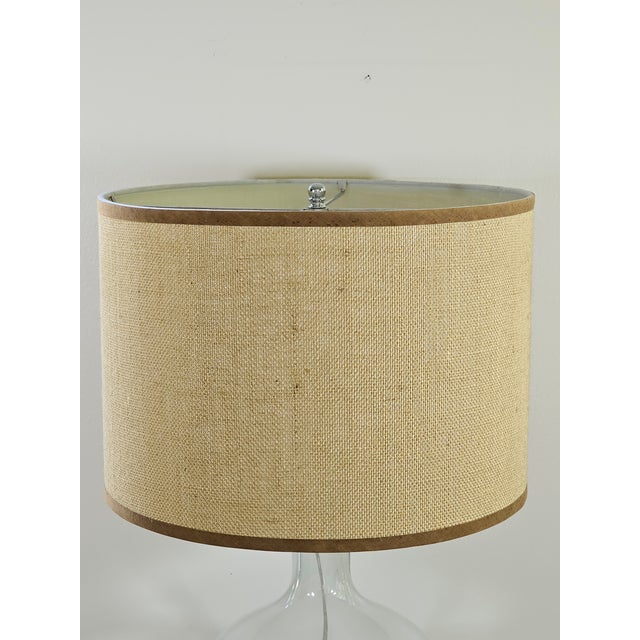 Early 21st Century Pair of Large Clear Glass Barrel 3-Way Lamps With Woven Fabric Shades For Sale - Image 5 of 12