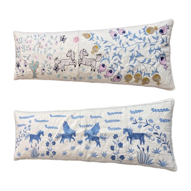 Mid-Century Modern White Horse Suzani Lumbar Pillow Cover 17'' X 53'' - Set of Two For Sale - Image 3 of 4