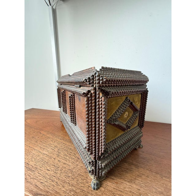 Antique Tramp Art Jewelry Box 1898, Hand Carved Wooden Chest With Mirror, Folk Art Keepsake Box, Victorian Trinket Box, Lion Pull For Sale - Image 14 of 14