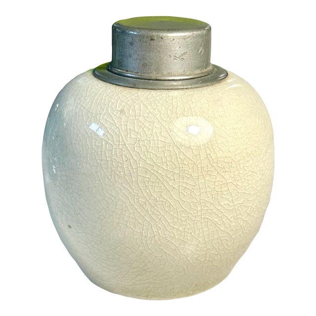 1940s Small Vintage Chinese White Ceramic Tin-Mouth Tea Caddy For Sale