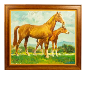 Charles Hargens Mare and Foal Horse Painting on Board