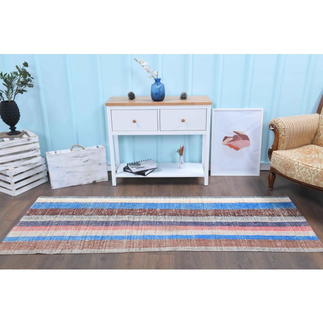 Boho Chic Vintage Turkish Hand-Knotted Wool Cotton Beige Kilim Runner Rug For Sale - Image 3 of 10