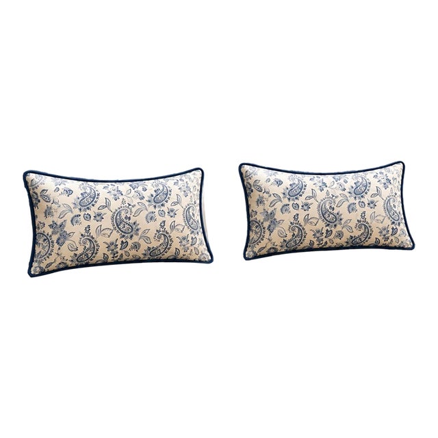 One Pair Ralph Lauren Indoor Outdoor Lumbar Pillows With Contrast Welt and Inserts For Sale